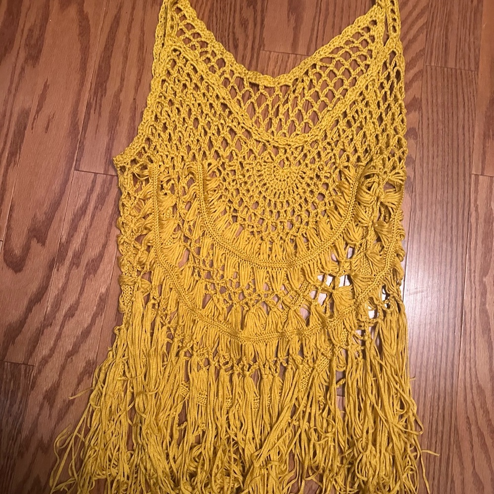 Yellow Crochet Fringe Cover up